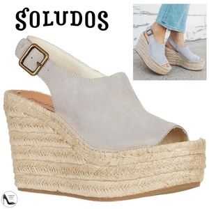 Soludos Sevilla Stone Grey Suede Espadrille Platform Wedge Slingback Sandals 9
